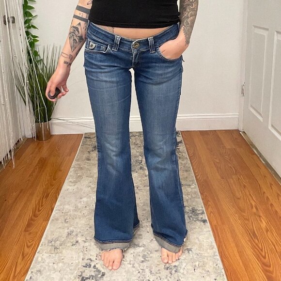 Y2K LOIS Stretch Low Rise Denim Flare Jeans Flap Pocket Size 28 Blue - Picture 1 of 7